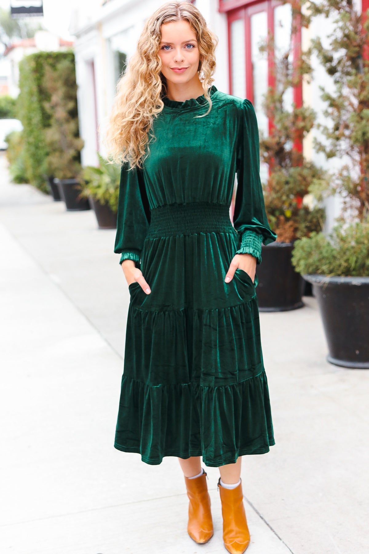 Holiday Dreaming Hunter Green Velvet Mock Neck Smocked Waist Dress Modest Pop Holiday Dreaming Hunter Green Velvet Mock Neck Smocked Waist Dress Modest Pop