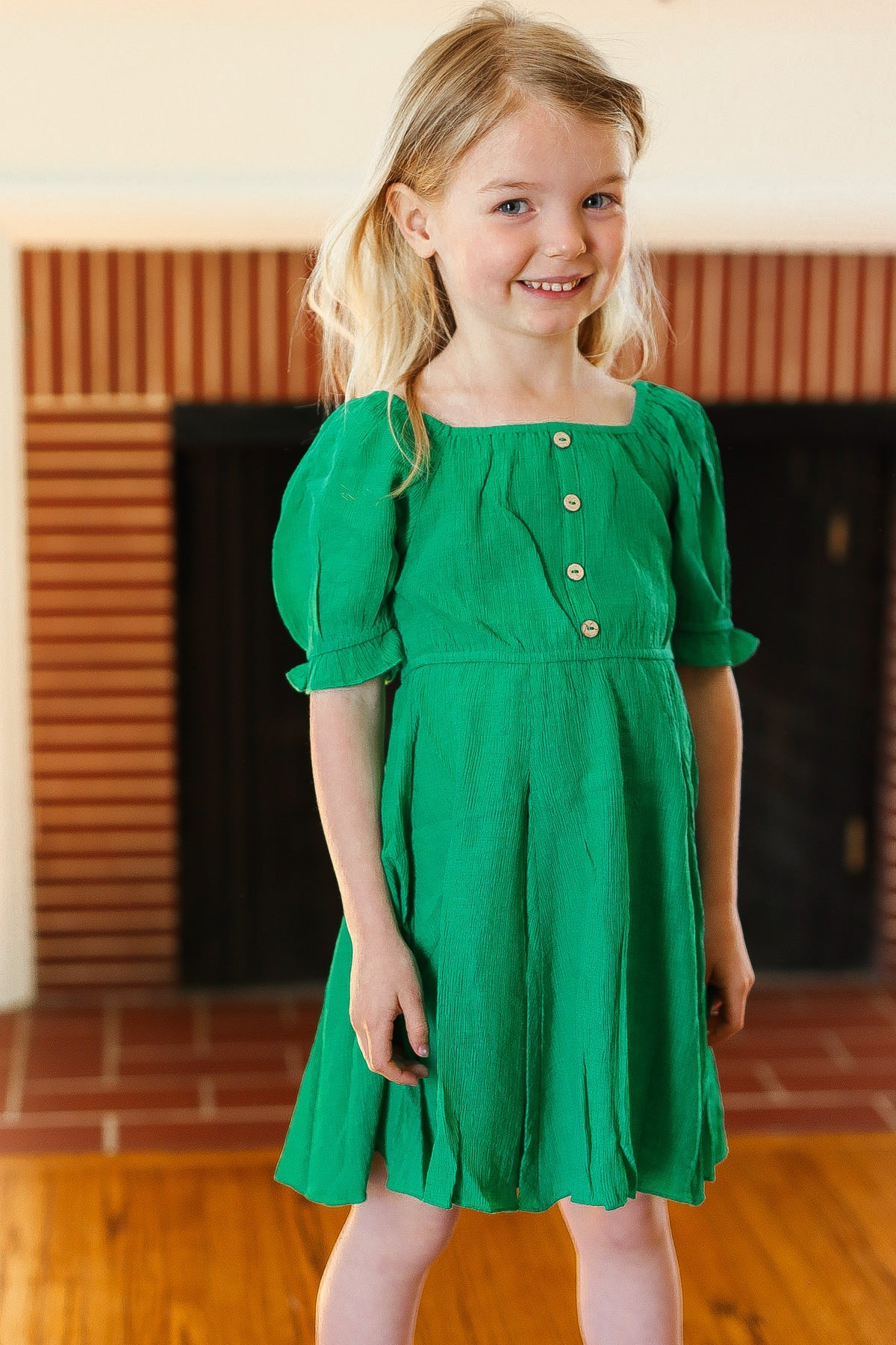 Adorable Green Button Square Neck Ruche Back Dress