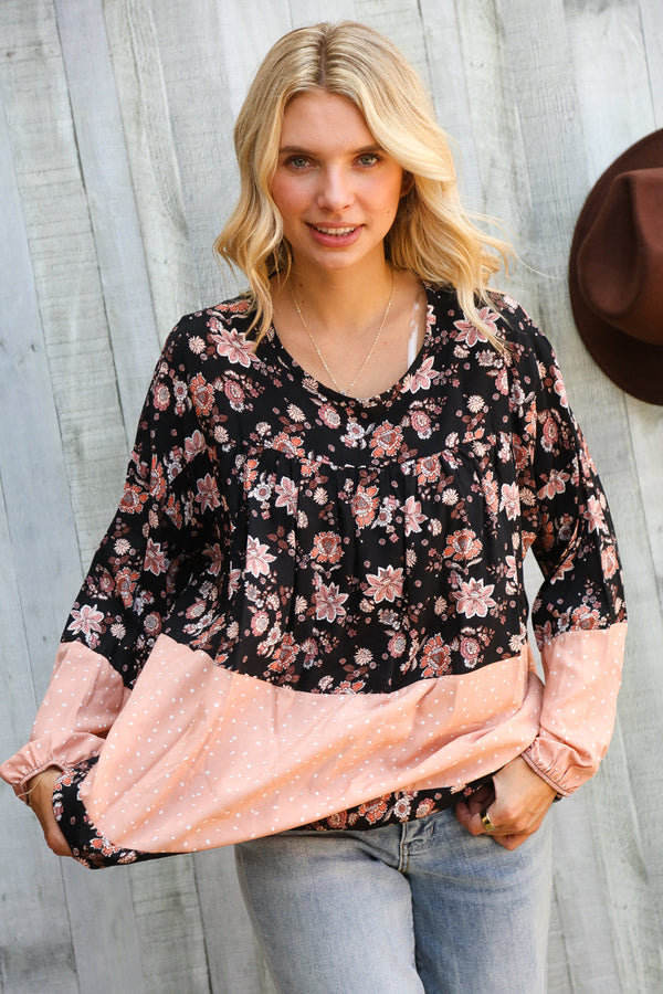 Field of Peach Blossoms Bubble Sleeve Blouse