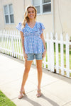 Hello Beautiful Blue Plaid V Neck Ruffle Elastic Babydoll Top