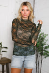 A Feminine Touch Olive Semi Sheer Lace Top