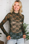 A Feminine Touch Olive Semi Sheer Lace Top