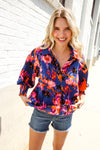 Dazzle in Cobalt Blue Abstract Print Button-Down Smocked Sleeve Blouse
