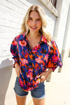 Dazzle in Cobalt Blue Abstract Print Button-Down Smocked Sleeve Blouse
