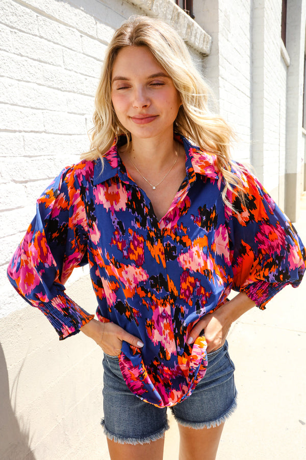 Dazzle in Cobalt Blue Abstract Print Button-Down Smocked Sleeve Blouse