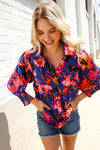 Dazzle in Cobalt Blue Abstract Print Button-Down Smocked Sleeve Blouse