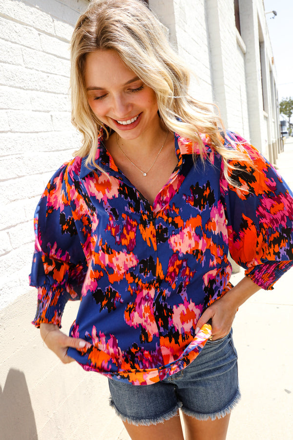 Dazzle in Cobalt Blue Abstract Print Button-Down Smocked Sleeve Blouse
