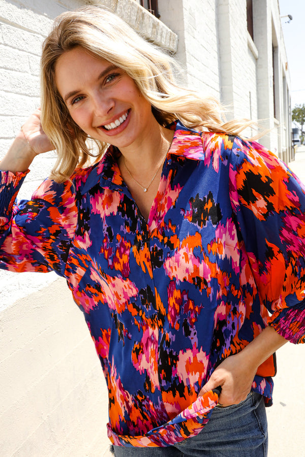 Dazzle in Cobalt Blue Abstract Print Button-Down Smocked Sleeve Blouse