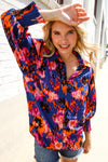 Dazzle in Cobalt Blue Abstract Print Button-Down Smocked Sleeve Blouse