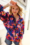 Dazzle in Cobalt Blue Abstract Print Button-Down Smocked Sleeve Blouse