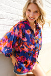 Dazzle in Cobalt Blue Abstract Print Button-Down Smocked Sleeve Blouse
