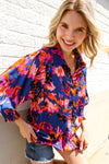 Dazzle in Cobalt Blue Abstract Print Button-Down Smocked Sleeve Blouse