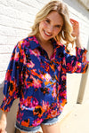 Dazzle in Cobalt Blue Abstract Print Button-Down Smocked Sleeve Blouse