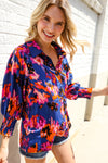 Dazzle in Cobalt Blue Abstract Print Button-Down Smocked Sleeve Blouse