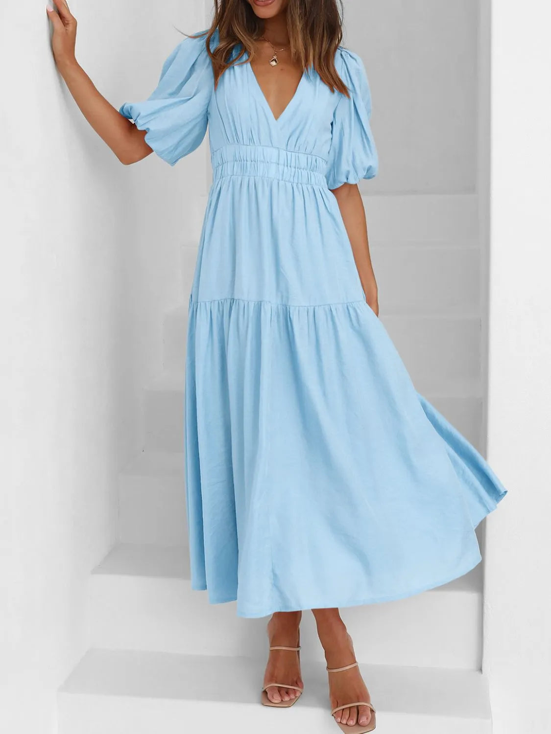 midi dress modest V-Neck Puff Sleeve Midi Dress – Modest Pop
