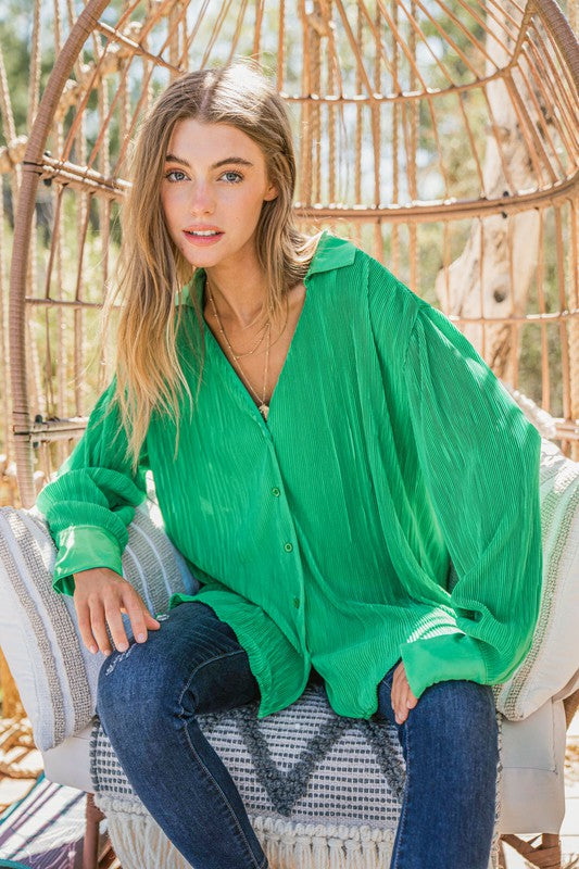 The Grass is Always Greener Pleated Silk Blouse