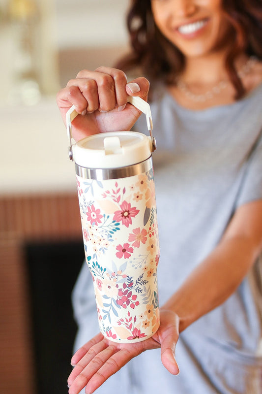 Vintage White Floral Print Insulated Tumbler with Top Handle
