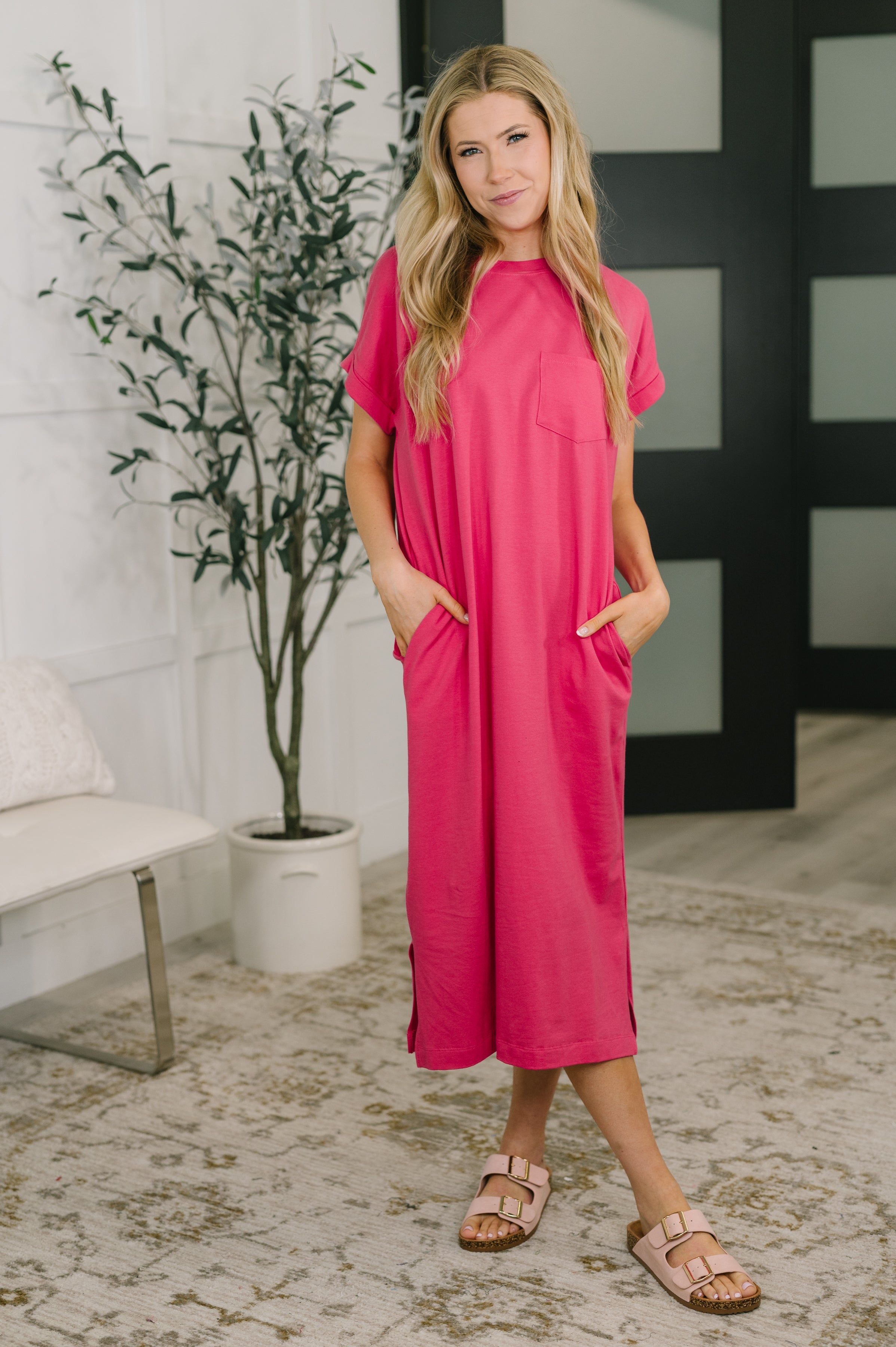hot pink dress modest Modest LDS Hot Pink Satin Bridesmaid Dresses Long Sleeves