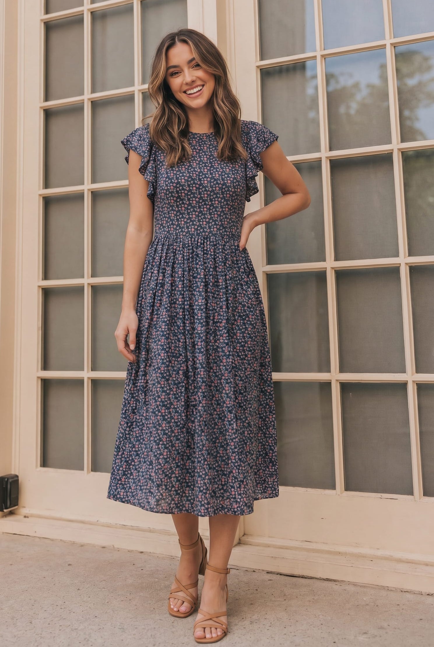 flutter sleeve midi dress Sail to Sable in Beach Splash Large while the flutter sleeves and v Pleated Diamond Linen Ruffle Sleeve