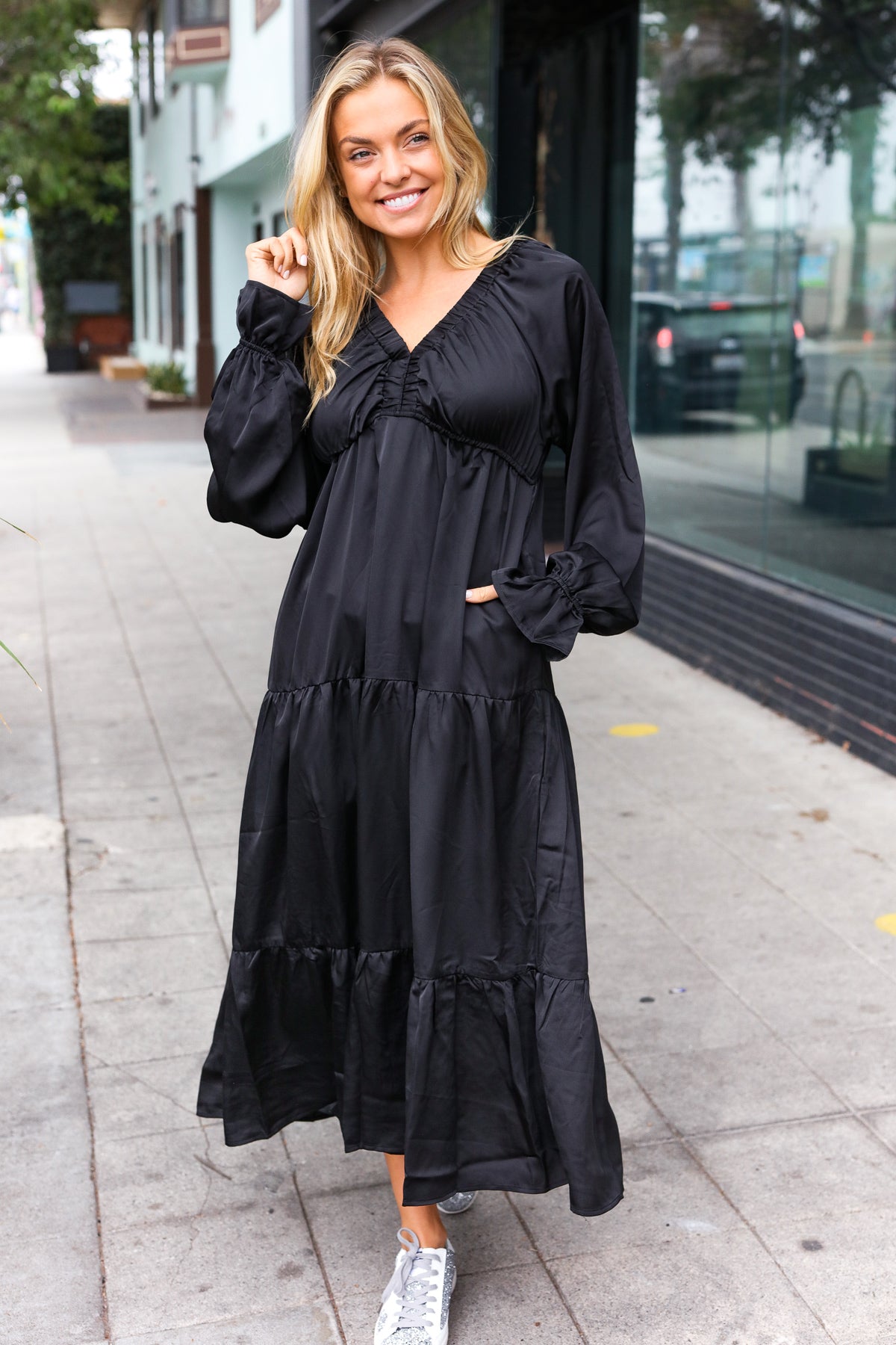 Elegant Black Elastic V Neck Tiered Satin Maxi Dress Modest Pop Elegant Black Elastic V Neck Tiered Satin Maxi Dress Modest Pop