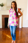 Tropical Breeze Peach Floral Banded V Neck Flutter Sleeve Top