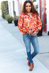 Fall Vibes Rust Floral Print Notched Neck Smocked Satin Top