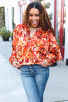 Fall Vibes Rust Floral Print Notched Neck Smocked Satin Top