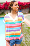 Sieze The Day Rainbow Striped V Neck Drop Shoulder Thermal Knit Top