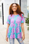 Casual Living Turquoise Floral Print Short Sleeve Knit Top