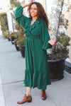 Beautiful You Holiday Green Overlap Ruffle V Neck Midi Dress