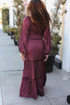 Holiday Vibes Wine Satin Front Overlap Smocked Back Maxi Dress