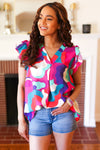 Find Yourself Fuchsia Geo Abstract V Neck Flutter Sleeve Top