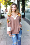 Charming Caramel Floral Print Colorblock Notch Neck Top