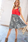 Red/Black Aztec Shoulder Tie Knot Tiered Dress