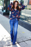 Lovely In Navy Floral Print Smocked Bubble Sleeve Woven Top