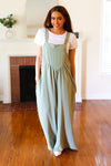 Move On Over Sage Wide Leg Suspender Overall Jumpsuit