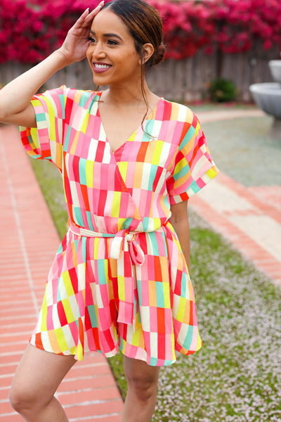 Eyes On You Coral Geo Abstract Surplice Woven Romper