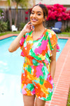 Under The Sun Abstract Floral Smocked Waist V Neck Flutter Sleeve Romper