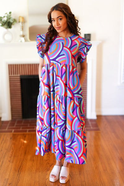 Feel Your Best Purple Abstract Print Smocked Ruffle Sleeve Maxi Dress