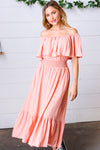 Coral off Shoulder Smocked Waist Ruffle Sleeve Midi Dress