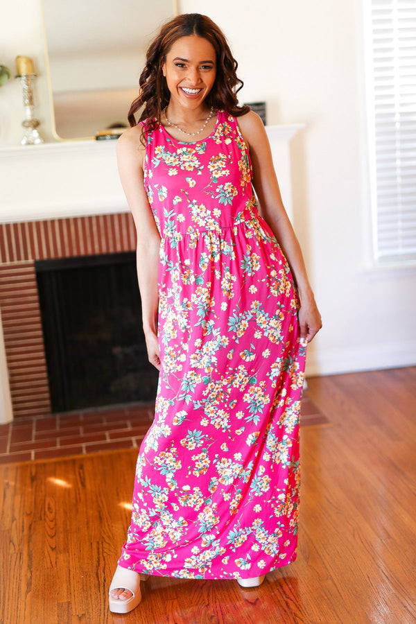 Pink Floral Print Fit and Flare Sleeveless Maxi Dress Modest Pop Pink Floral Print Fit and Flare Sleeveless Maxi Dress Modest Pop