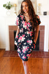 Black & Pink Floral Surplice V Neck Pocketed Dress