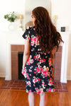 Black & Pink Floral Surplice V Neck Pocketed Dress