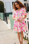 Beautiful You Rose Floral Print Ric Rack Trim Babydoll Dress