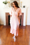 Peach Floral Surplice Elastic Waist Ruffle Maxi Dress