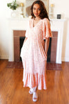 Peach Floral Surplice Elastic Waist Ruffle Maxi Dress