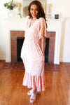 Peach Floral Surplice Elastic Waist Ruffle Maxi Dress