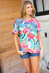 Sunny Days Teal & Orange Tropical Abstract V Neck Top