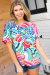 Sunny Days Teal & Orange Tropical Abstract V Neck Top