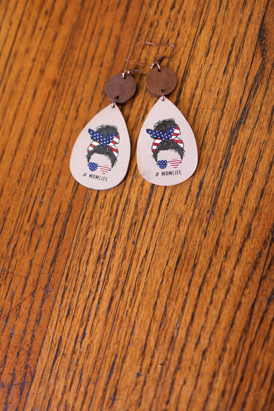 USA Flag "#MOMLIFE" Wooden Dangle Earrings